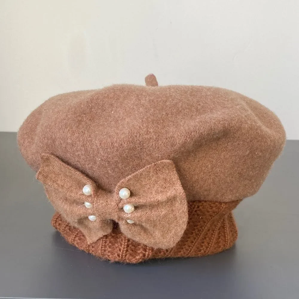 Vintage Tan Wool Beret Bow w/ Pearls Design OS Preppy Retro Girly